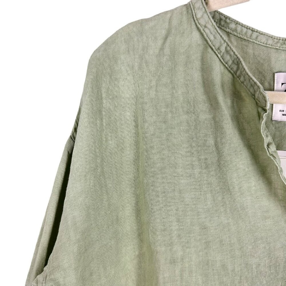 Zara Sage‎ Green Oversized Linen Long Sleeve-Slit Blouse Size Small - Picture 5 of 15